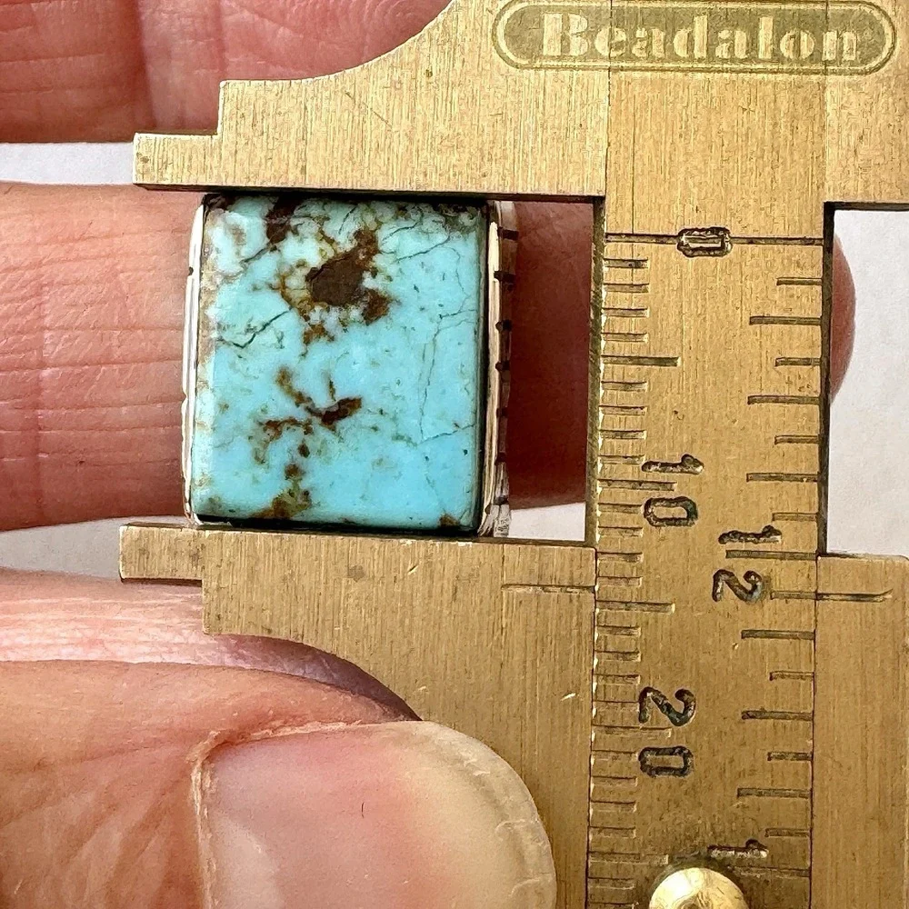 Navajo Turquoise Mens Ring Sz 13 Rectangle Signed Jack‎ Sterling 14mm Cracked